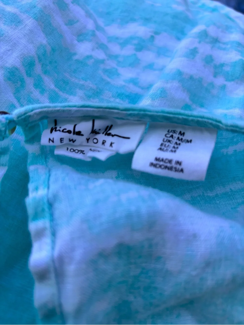 Nicole Miller NY Teal White Cream Tie Dye Linen Mini Shift Dress Womens Medium